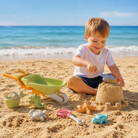 Set Juego De Playa Infantil 8 Piezas Con Carretilla y Moldes Verde