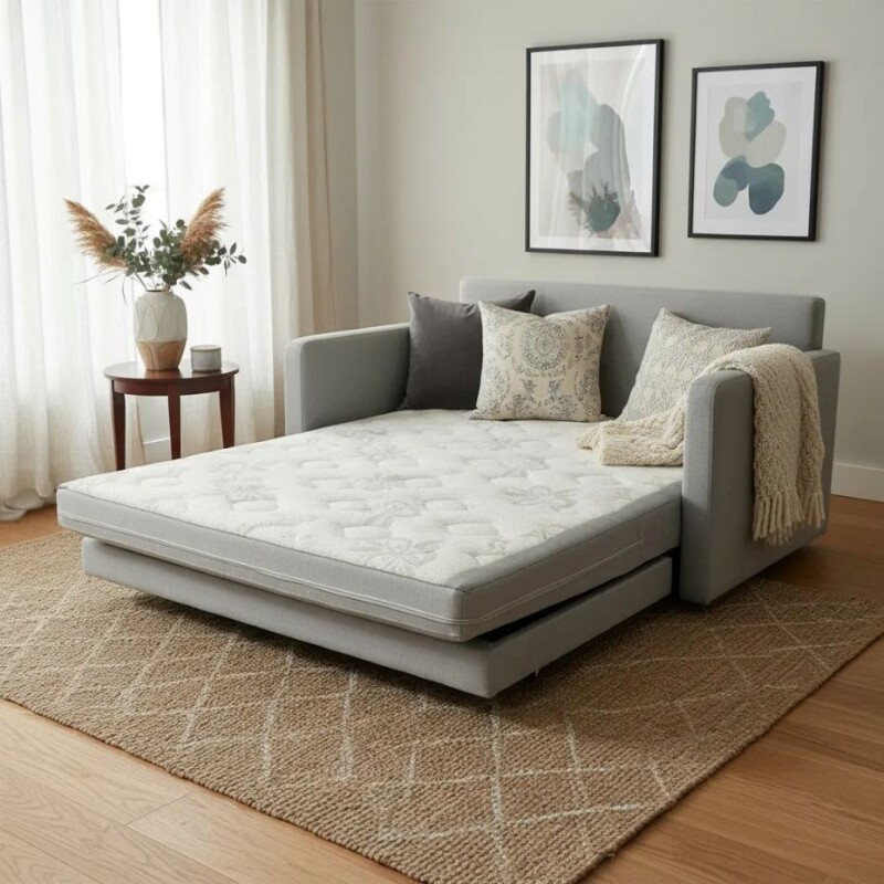 SOFA CAMA 1.46 MTS - PARRILLA EXTENSIBLE TELA GRIS - ALMOHADONES TELA CLARA SOFA CAMA 1.46 MTS - PARRILLA EXTENSIBLE TELA GRIS - ALMOHADONES TELA CLARA