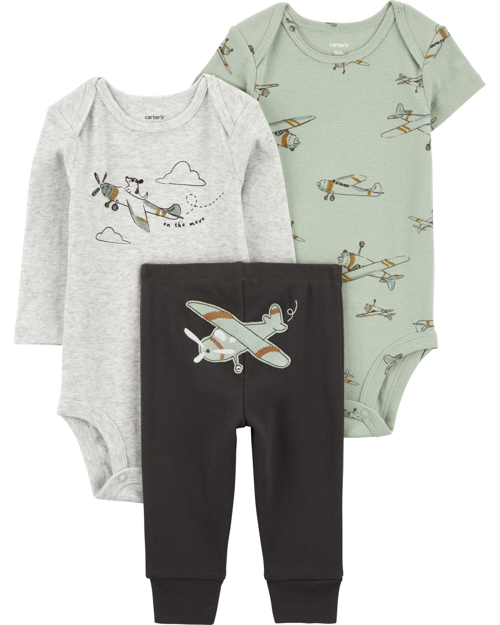 Set tres piezas de algodón, pantalón y dos bodies, diseño aviones Set tres piezas de algodón, pantalón y dos bodies, diseño aviones