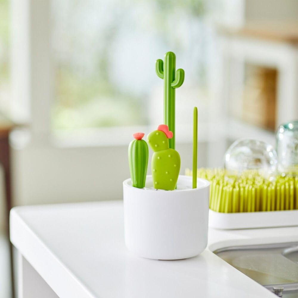 Set de cepillos limpia Biberones Cactus con base Boon verde blanco