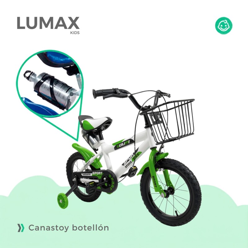 Bicicleta Rodado 12 Con Canasto Y Caramañola Niño Niña Verde