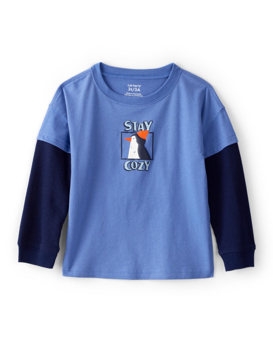 Remera de algodón, manga larga, azul, estampa pingüino 
