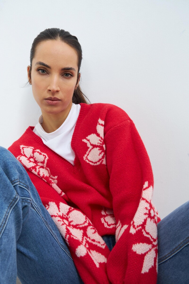 Sweater escote V c/ jacquard floral rojo