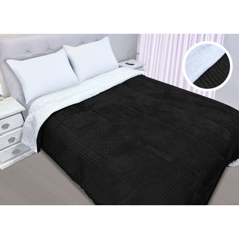 Acolchado 1 Plazas Corderito Sherpa Cotton Flor | Súper abrigado, reversible y suave NEGRO