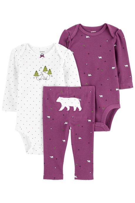 Set tres piezas de algodón, pantalón y bodies, diseño oso Set tres piezas de algodón, pantalón y bodies, diseño oso