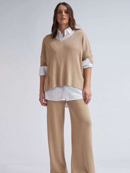 Camiseta manga corta escote en V tejida Beige