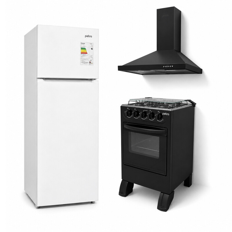 COMBO PETRA HELADERA BLANCA CON COCINA Y CAMPANA EXTRACTORA NEGRA Combo Petra Heladera Blanca Con Cocina Y Campana Extractora Negra