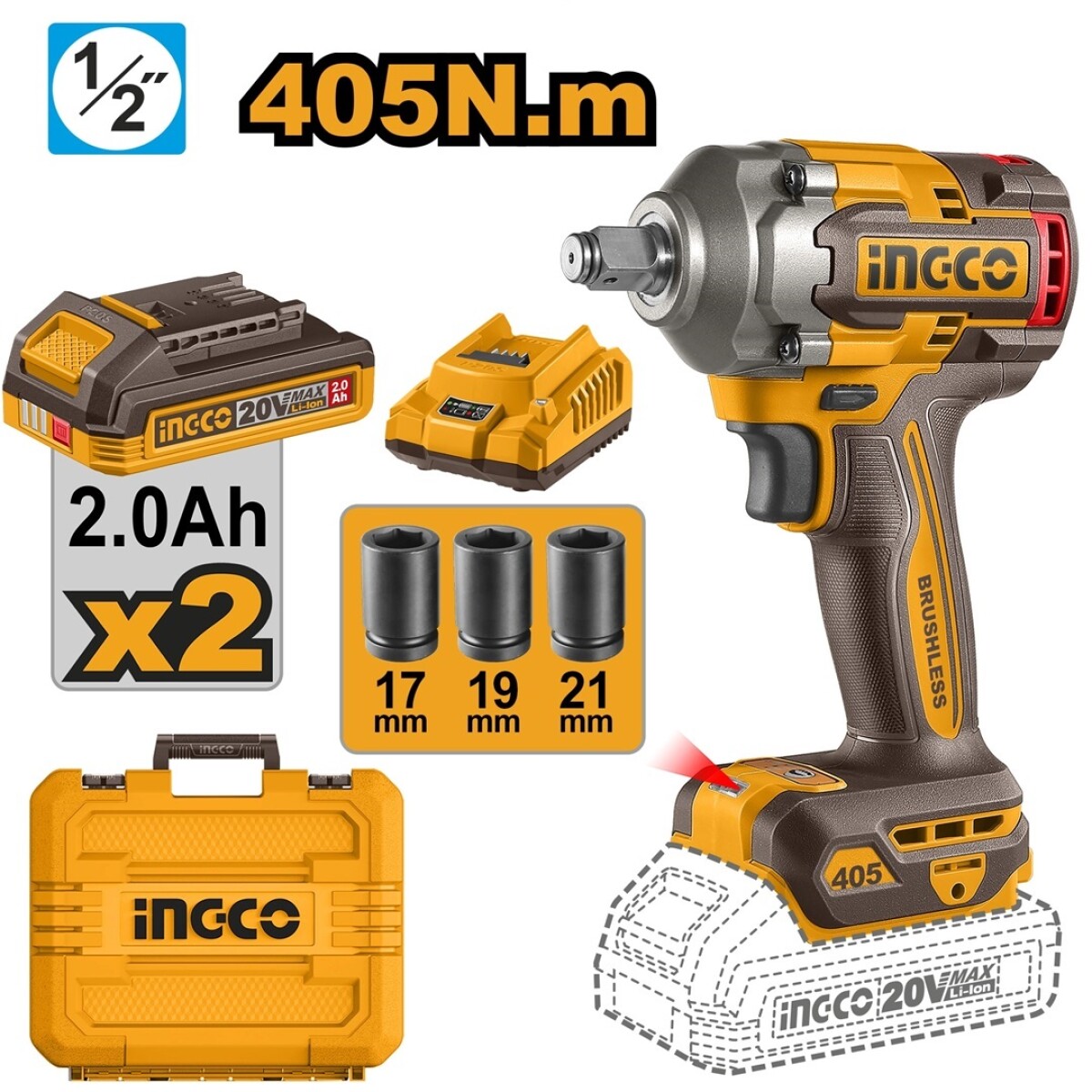 LLAVE DE IMPACTO A BATERIA P20S 20V CIWLI2045 - AMARILLO-NEGRO 