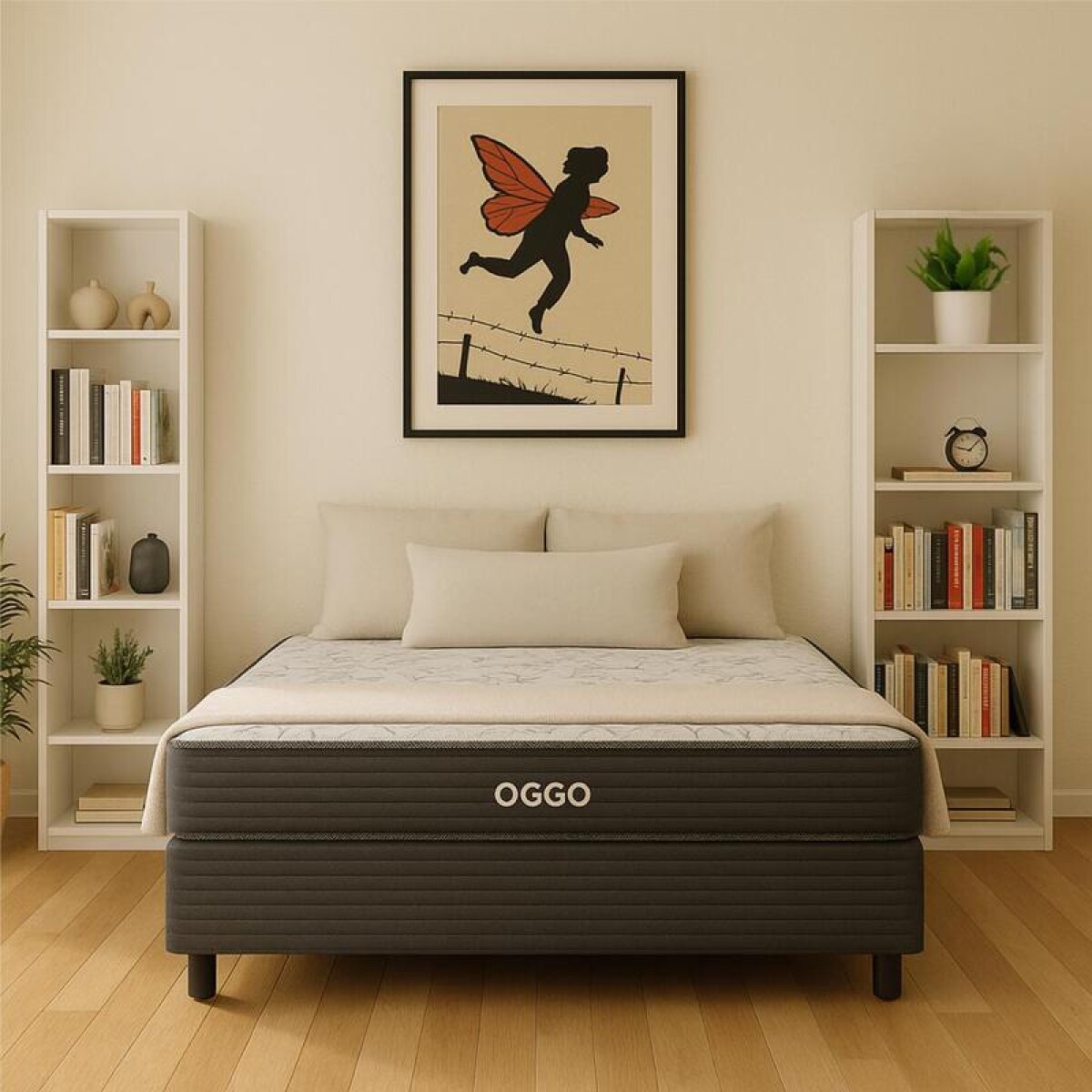 Combo de Dormitorio Sommier Super Mega de 2 Plazas y 2 Repisas 5 Estantes Reversible con Refuerzo Grauniert® - Blanco 