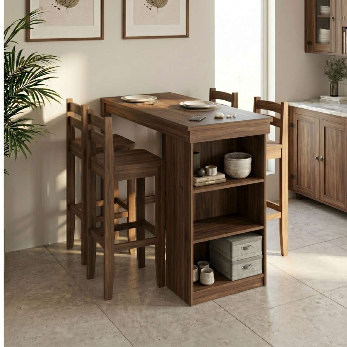Desayunador 4 Bancos Cocina Comedor Madera Nogal - Nogal 