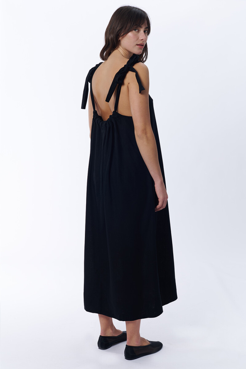 Vestido de lino largo con lazo Negro