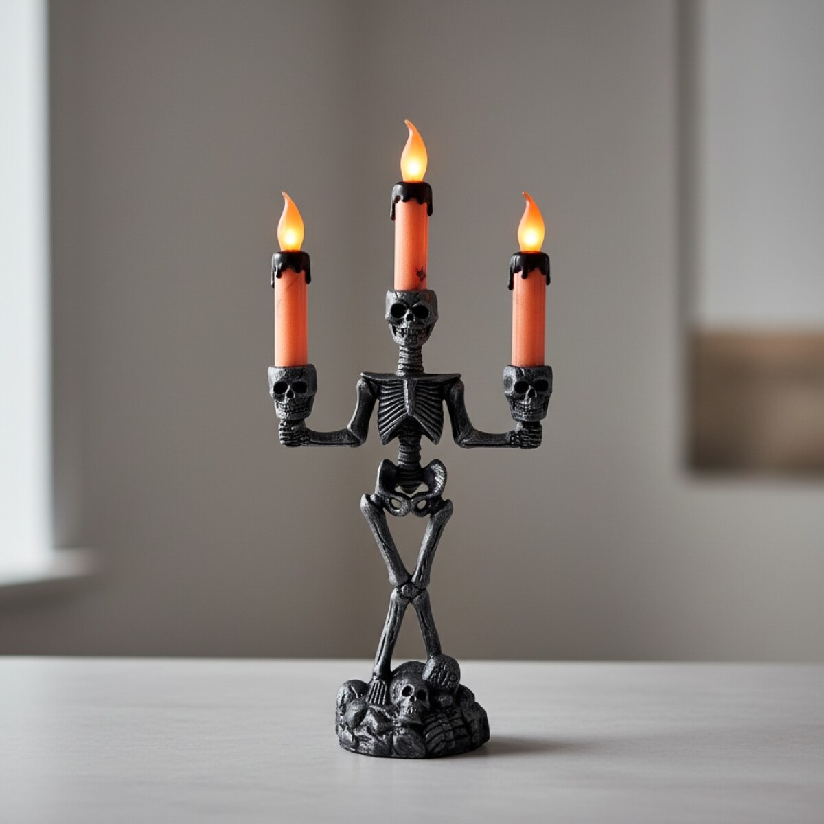 Candelabro Esqueleto 3 velas con luz led Decoración Halloween - Naranja con base negra 