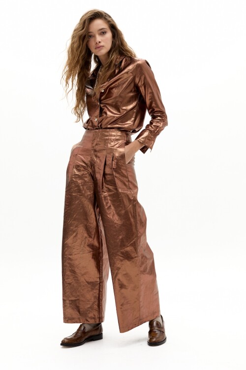 Pantalón Culotte en Lino Metalizado Chocolate