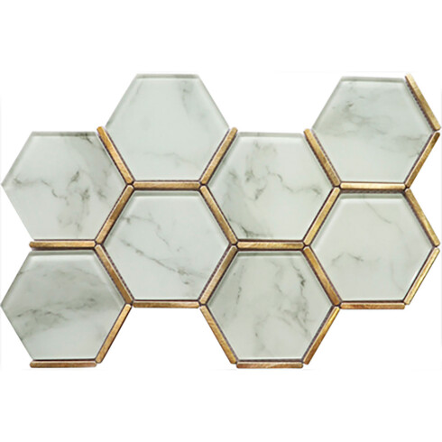 Mosaico Hexagonal Vidrio 28X41 Marmolado Con Bordes Dorados 000