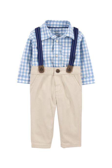 Set tres piezas de algodón, pantalón con tirantes y body camisa Set tres piezas de algodón, pantalón con tirantes y body camisa