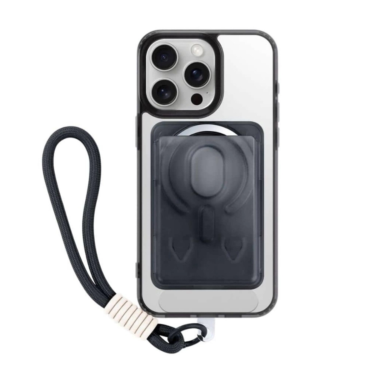 Estuche TPU Para iPhone 17 Pro Negro con Correa y Tarjetero 