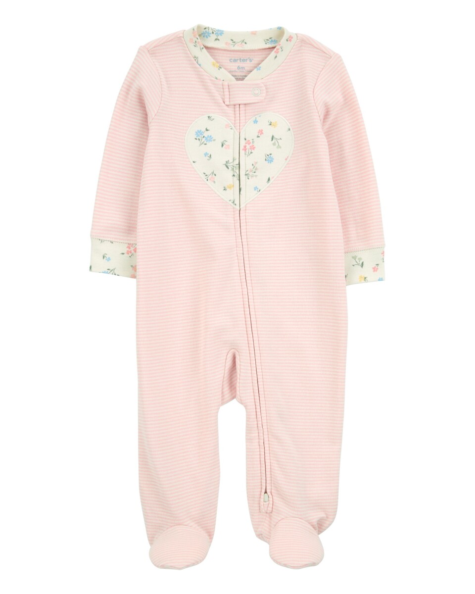 Pijama una pieza de algodón, con pie, rosado, estampa corazón 