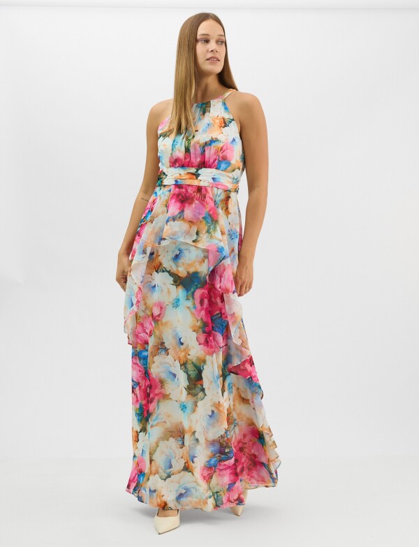 Vestido Largo Estampado Floral Con Cuello Halter MULTI/ROSA