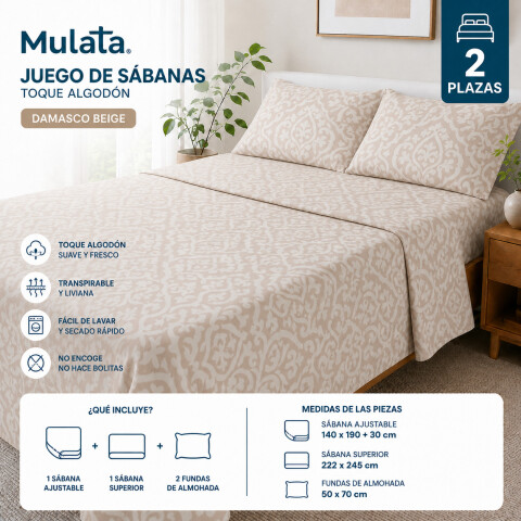 Juego De Sabanas 2 Plazas Toque Algodón Sommier Damasco Beige Juego De Sabanas 2 Plazas Toque Algodón Sommier Damasco Beige