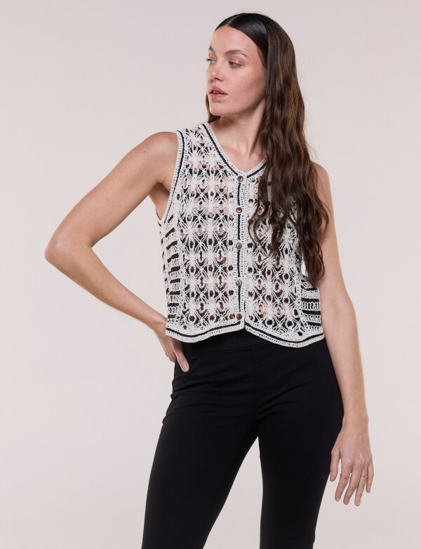 Chaleco Crochet Botones NEGRO/BEIGE