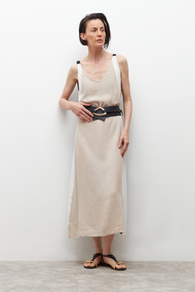 Vestido de lino escote V color block negro