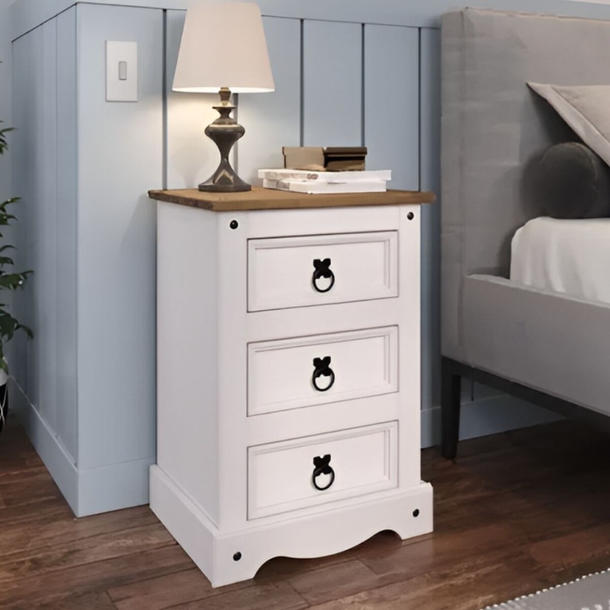 Mesa de luz 3 Cajones Línea Naturale - Blanco/Roble 