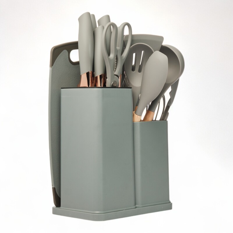 Set 19 Utensilios De Cocina Con Cuchillo Y Tabla Gris