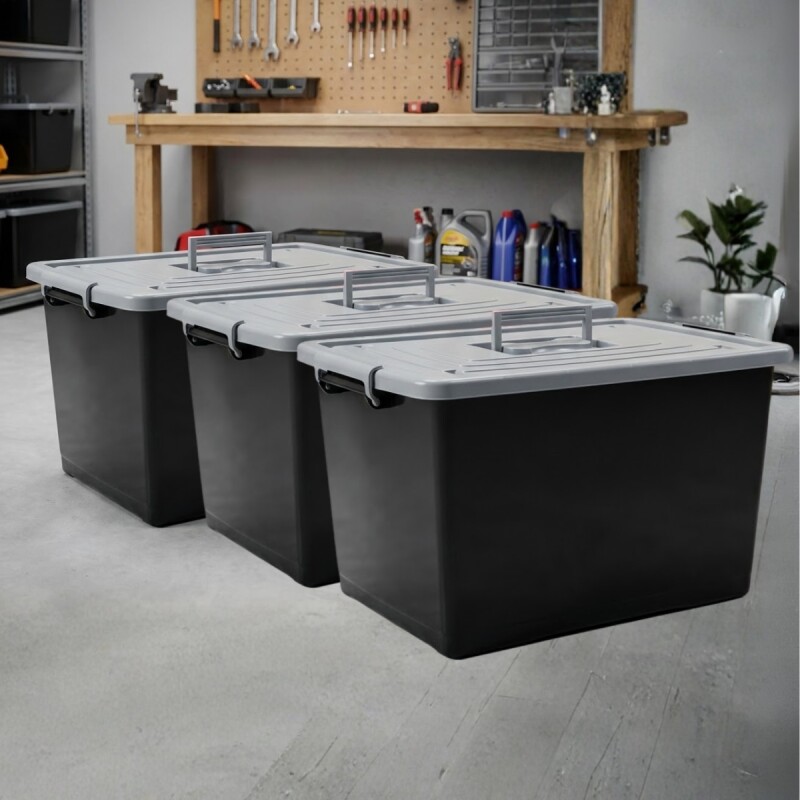 Set x3 Caja organizadora 50 lts NEGRO Y GRIS