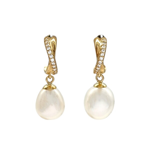 Caravanas cruz Perlas y Zirconias - Oro bajo - Perla de río- CA8219 conperla