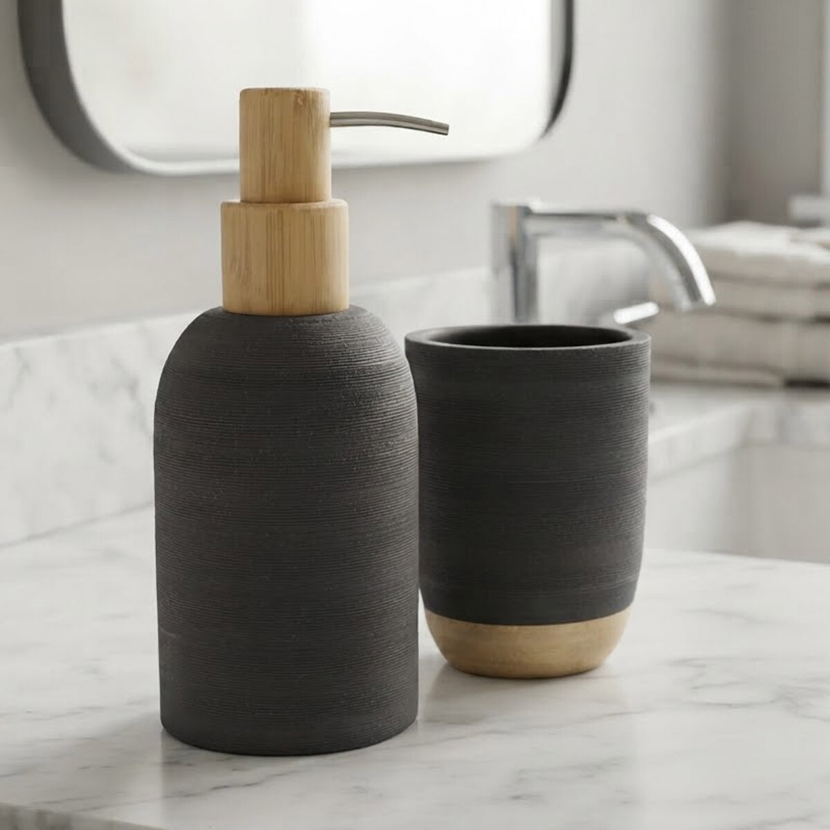 Set Baño Dispensador de Jabón y Porta Cepillo de Resina y Madera - NEGRO 