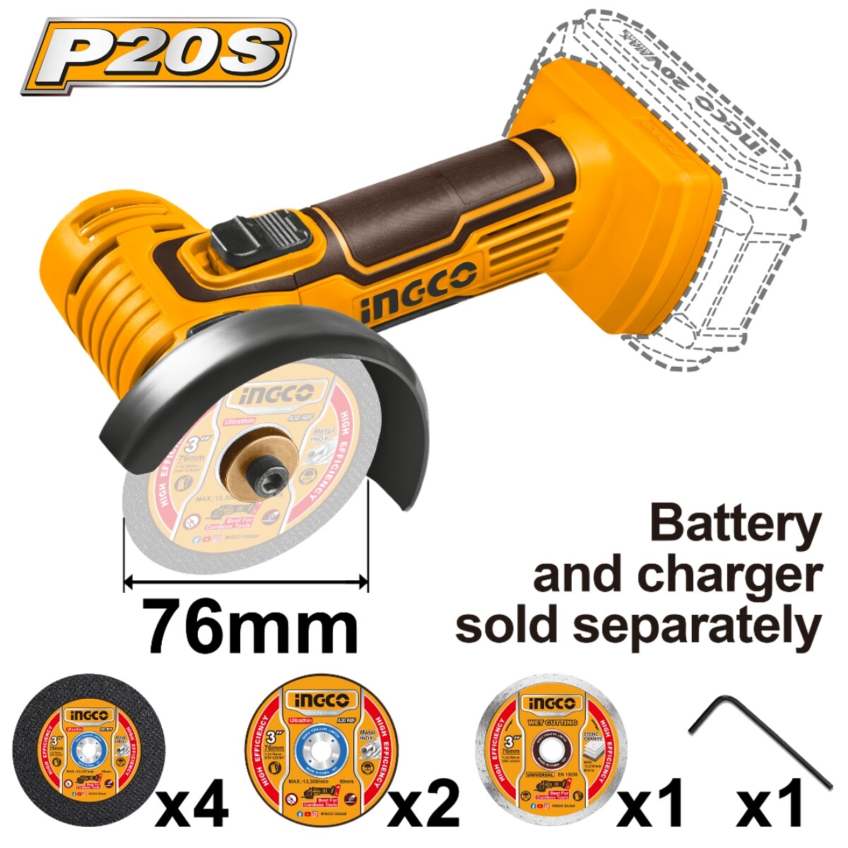Mini Amoladora 3" 20V P20S Multifunción sin Bat sin Carg Ingco CAGLI7601 