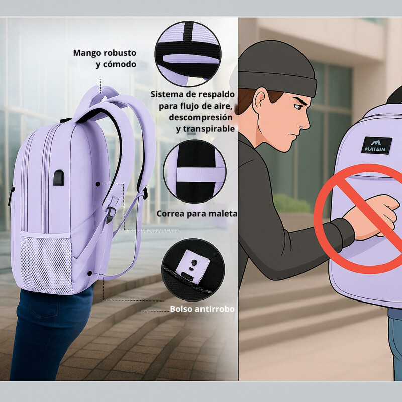 Mochila Urbana Viaje Antirrobo Notebook Matein 1007 28l Violeta