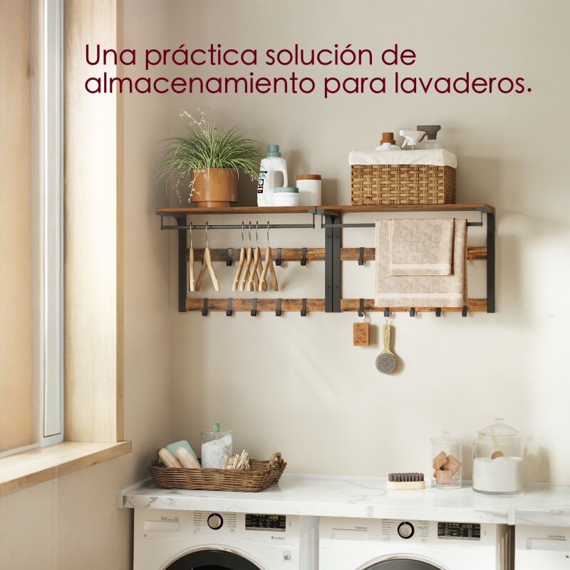SONGMICS Perchero de Pared con Estante y 10 Ganchos Extraíbles – Para Entrada, Dormitorio o Baño Sin Color