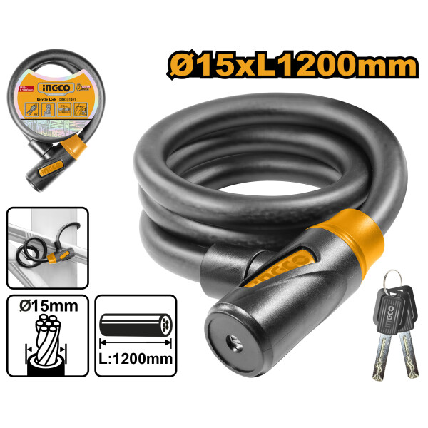 CANDADO PARA BICICLETA 15X1200MM CON CERRADURA INGCO DBK151201 CANDADO PARA BICICLETA 15X1200MM CON CERRADURA INGCO DBK151201