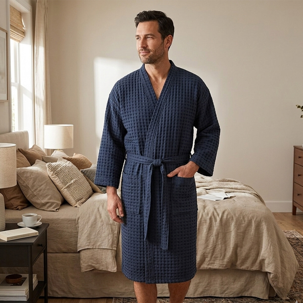 Bata de Cama Provenza Dohler 100% Microfibra Talle P Al XG - AZUL MARINO 