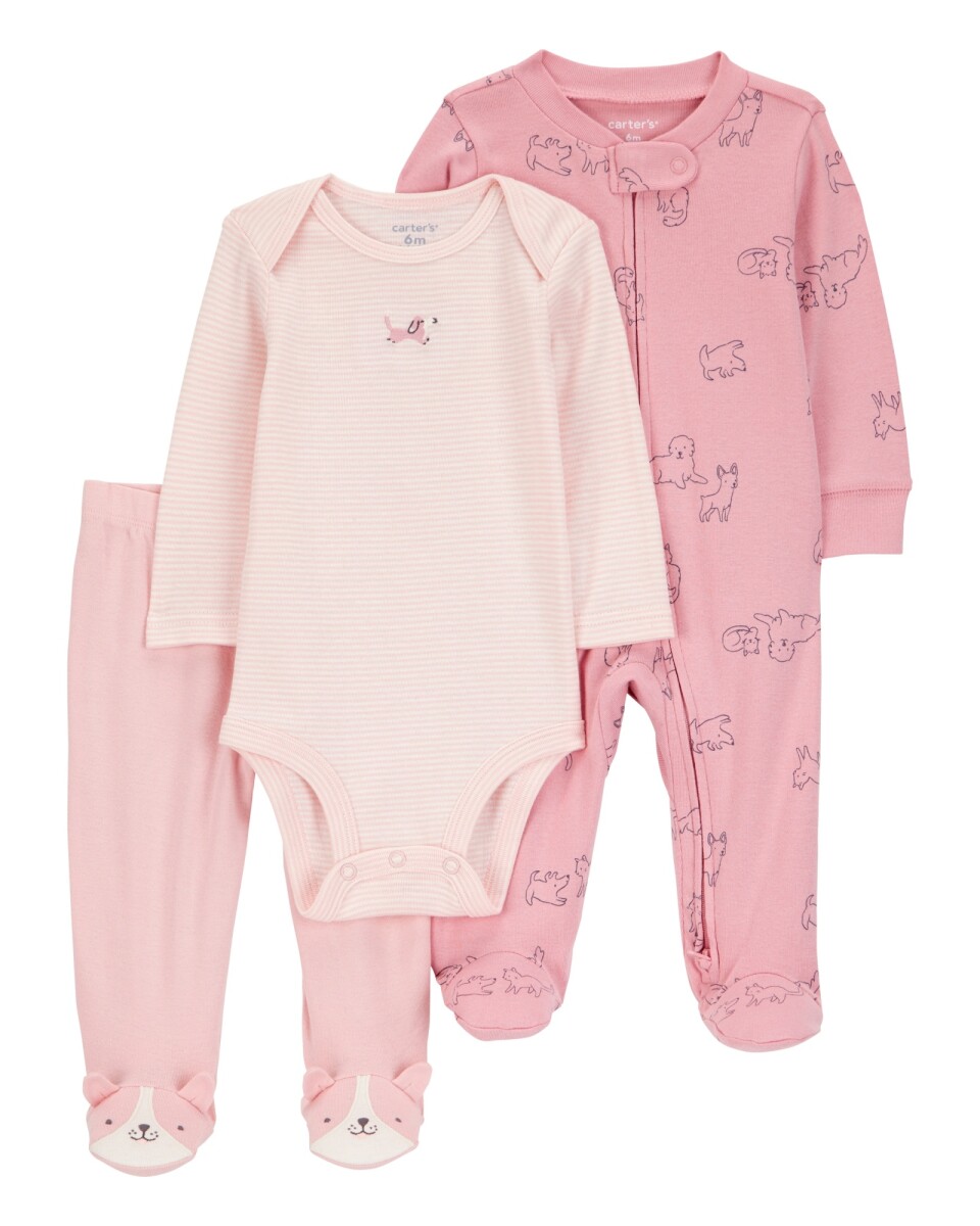 Set tres piezas de algodón, pijama, pelele y body, diseño perro 