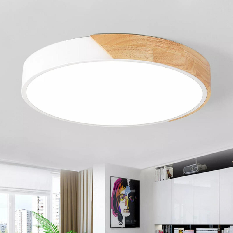 Luminaria Plafón Led 50cm Metal Y Madrera Luz Cálida Blanco