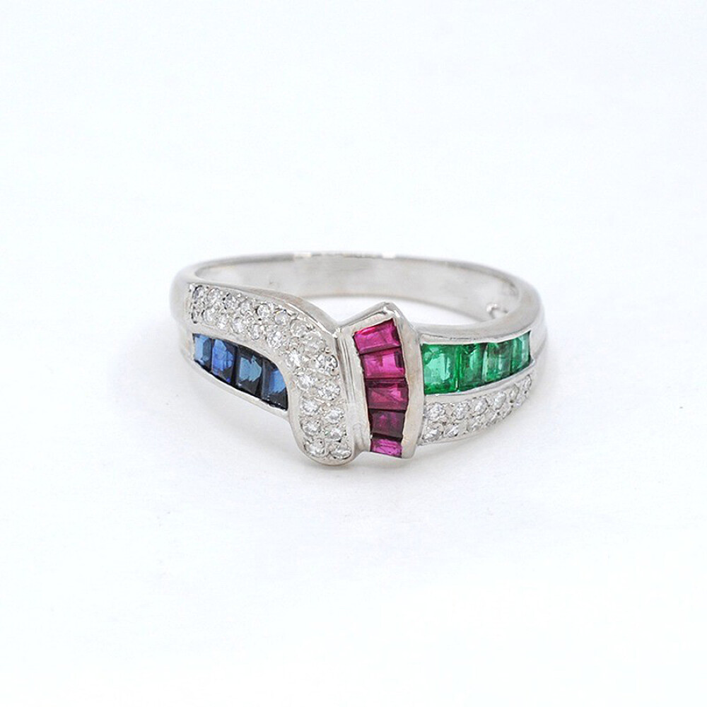 Anillo En Oro 18K Blanco Con Zafiros, Rubies, Esmeraldas Y Brilliantes Anillo En Oro 18K Blanco Con Zafiros, Rubies, Esmeraldas Y Brilliantes