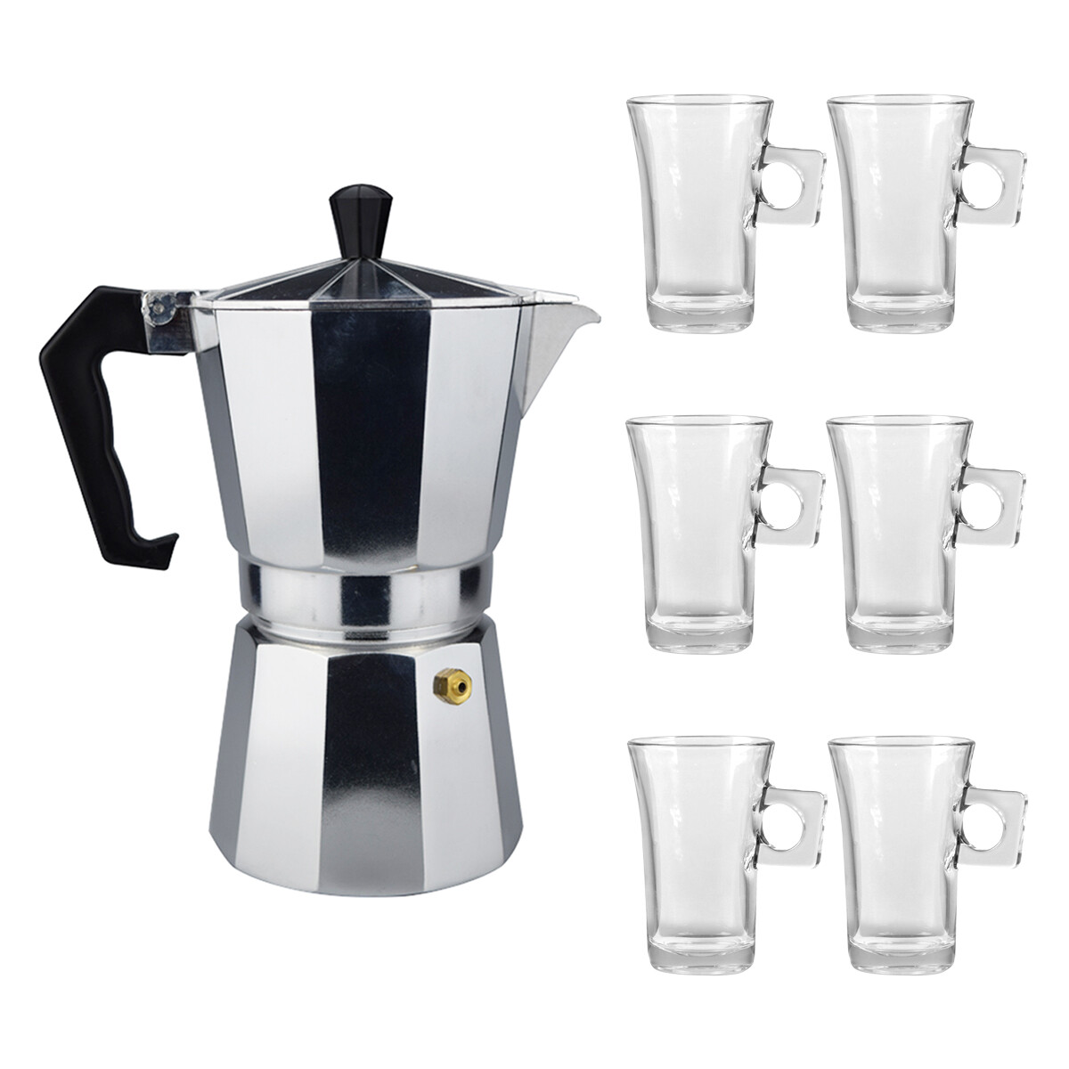 Set Café c/Cafetera Italiana 12 Tazas + 6 Tazas Vidrio 250Ml - Plata/transparente 