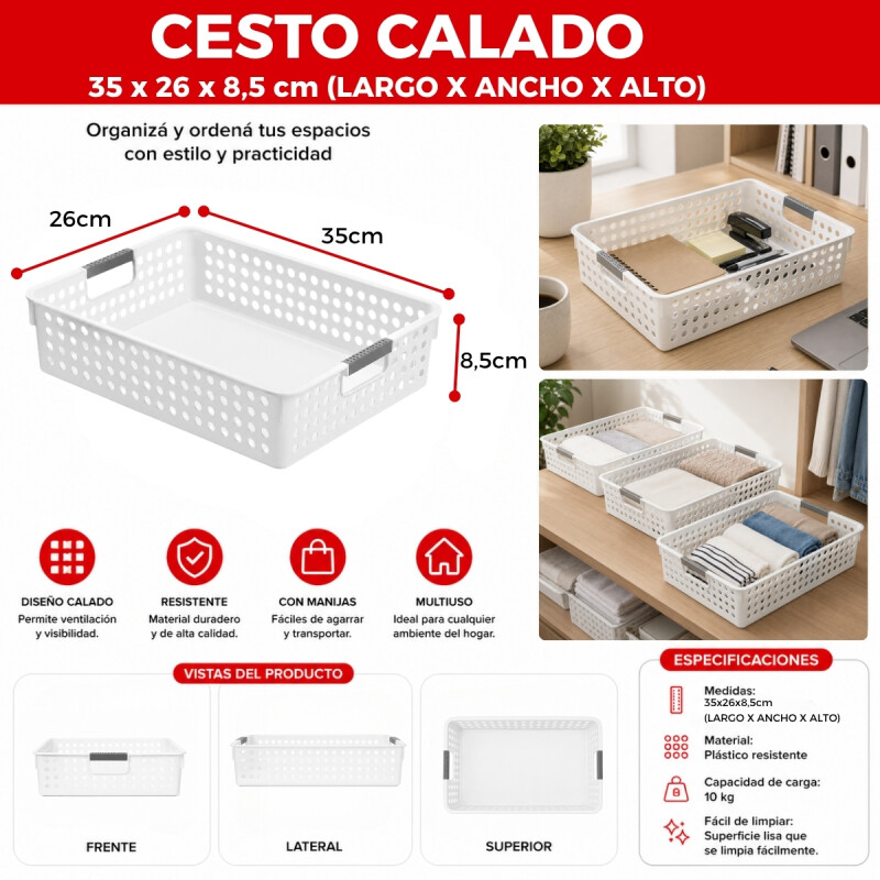 Set x3 Cesto Organizador calado con asas 35 x 26 x 8.5 cm BLANCO
