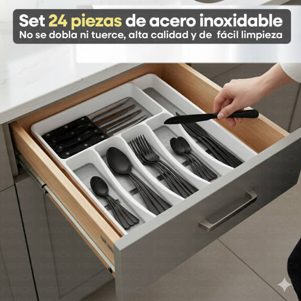 Set de 24 Cubiertos IMBACK IBK-HMJ077 | Acero Inoxidable con Cubertero Organizador de 6 Compartimentos Negro Mate Set de 24 Cubiertos IMBACK IBK-HMJ077 | Acero Inoxidable con Cubertero Organizador de 6 Compartimentos Negro Mate