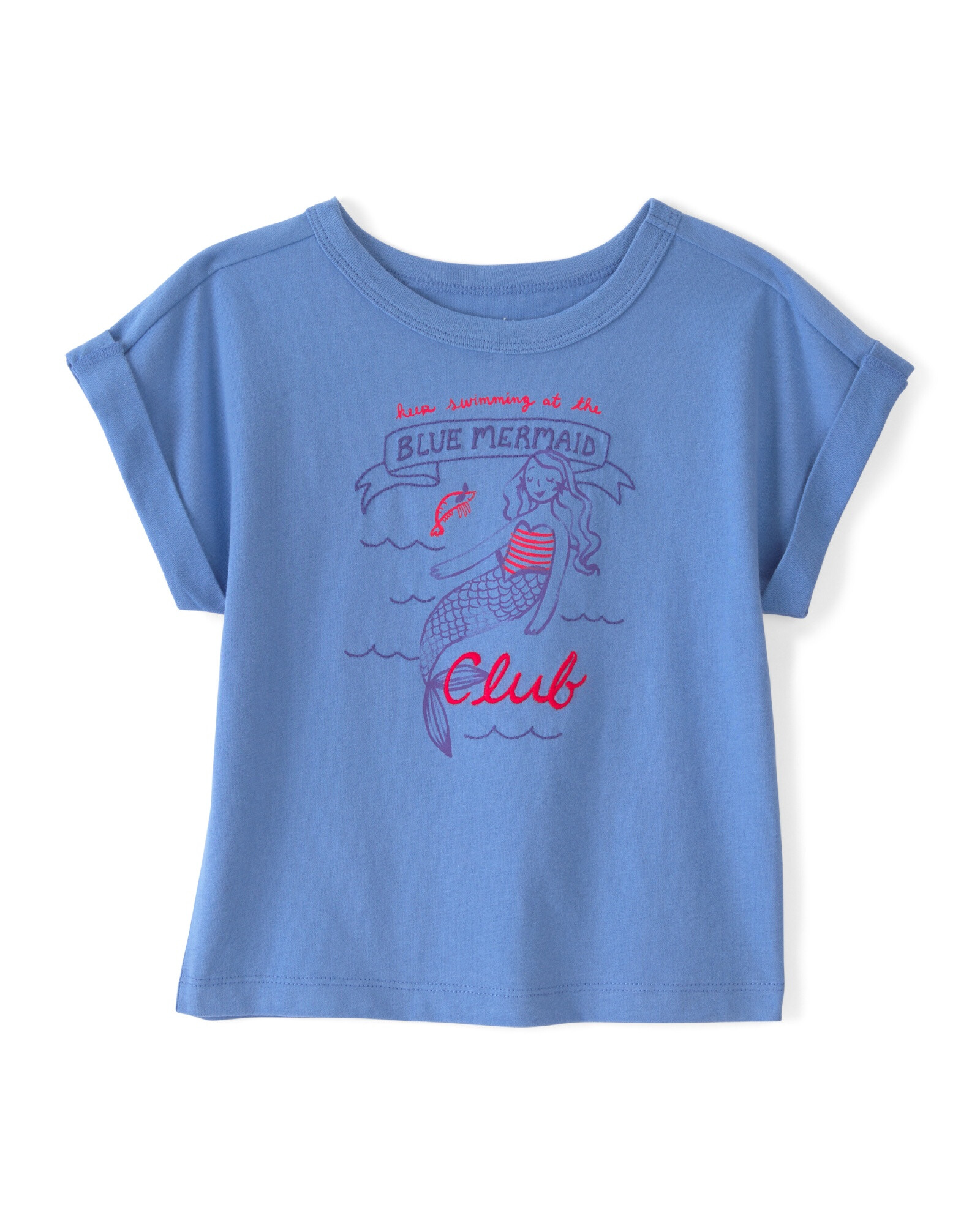 Remera de algodón, manga corta, azul, estampa sirena Sin color