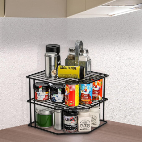 Soporte organizador esquinero doble estante metal negro Sc