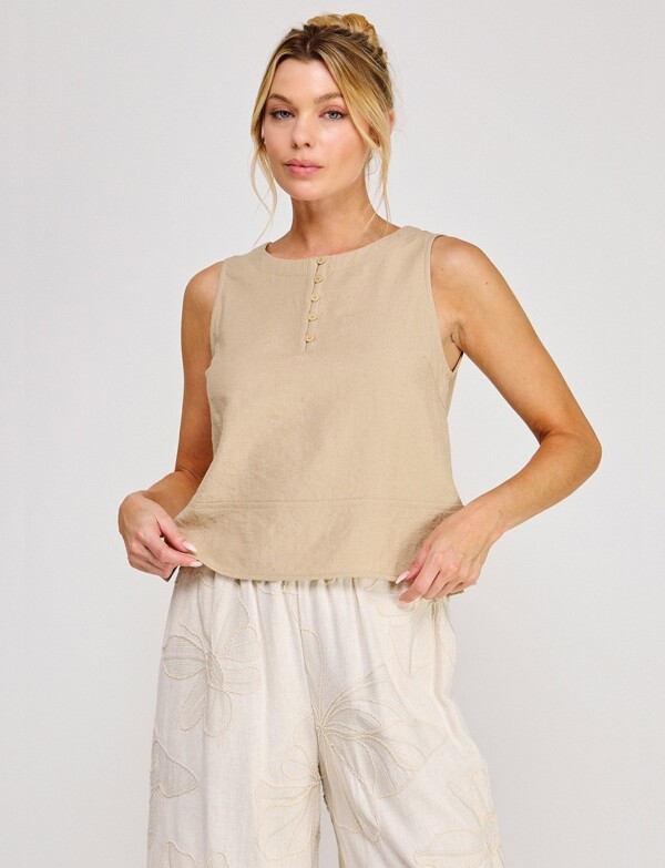 Blusa De Lino Sin Mangas Con Botones BEIGE