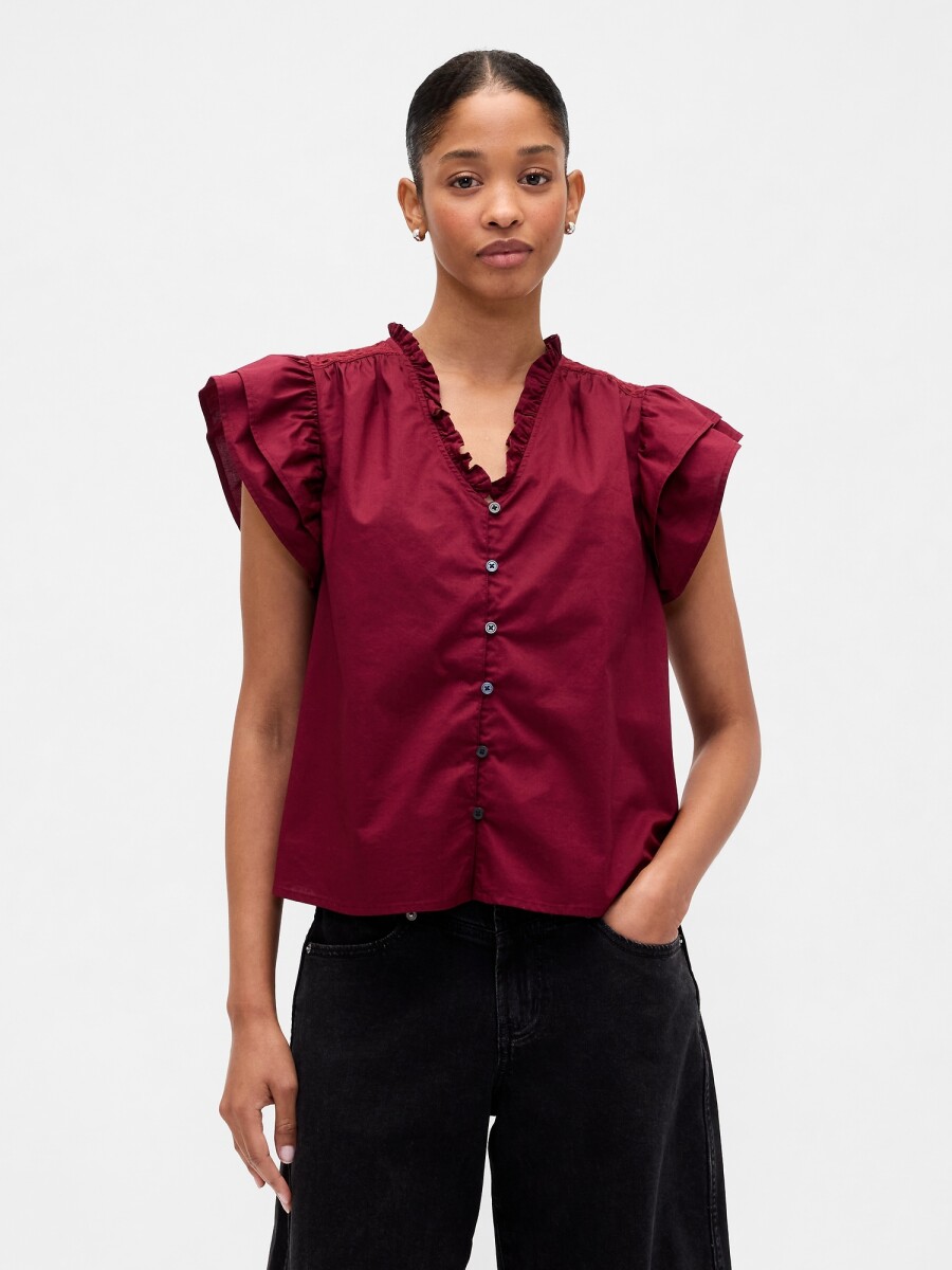 V-FLUTTER SLV EYELET YOKE TOP - RED DELICIOUS 