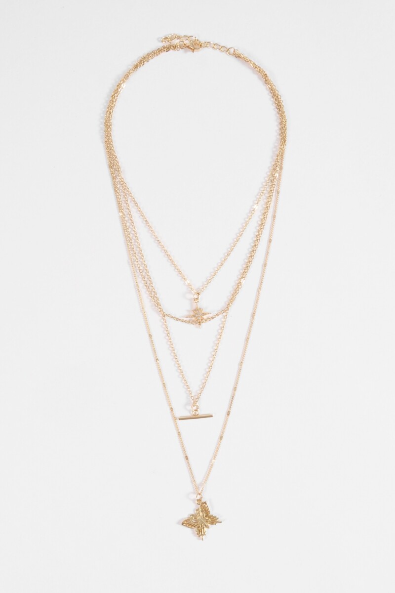 Collar triple dije mariposa dorado