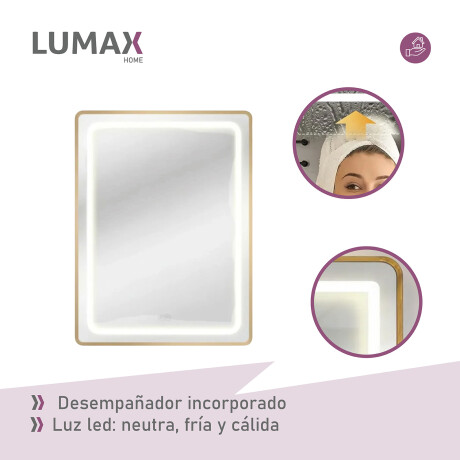 Espejo Vertical Lumax c/marco desempañador y Luz 90x70cm Dorado