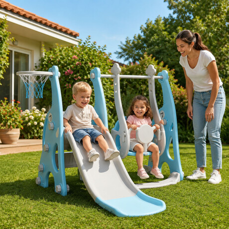 Juego Infantil Hamaca + Tobogan Infantil + Aro 3 En 1 Celeste
