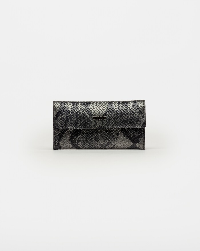 Billetera Chicago En Cuero Snake Metalizado Gris Oro