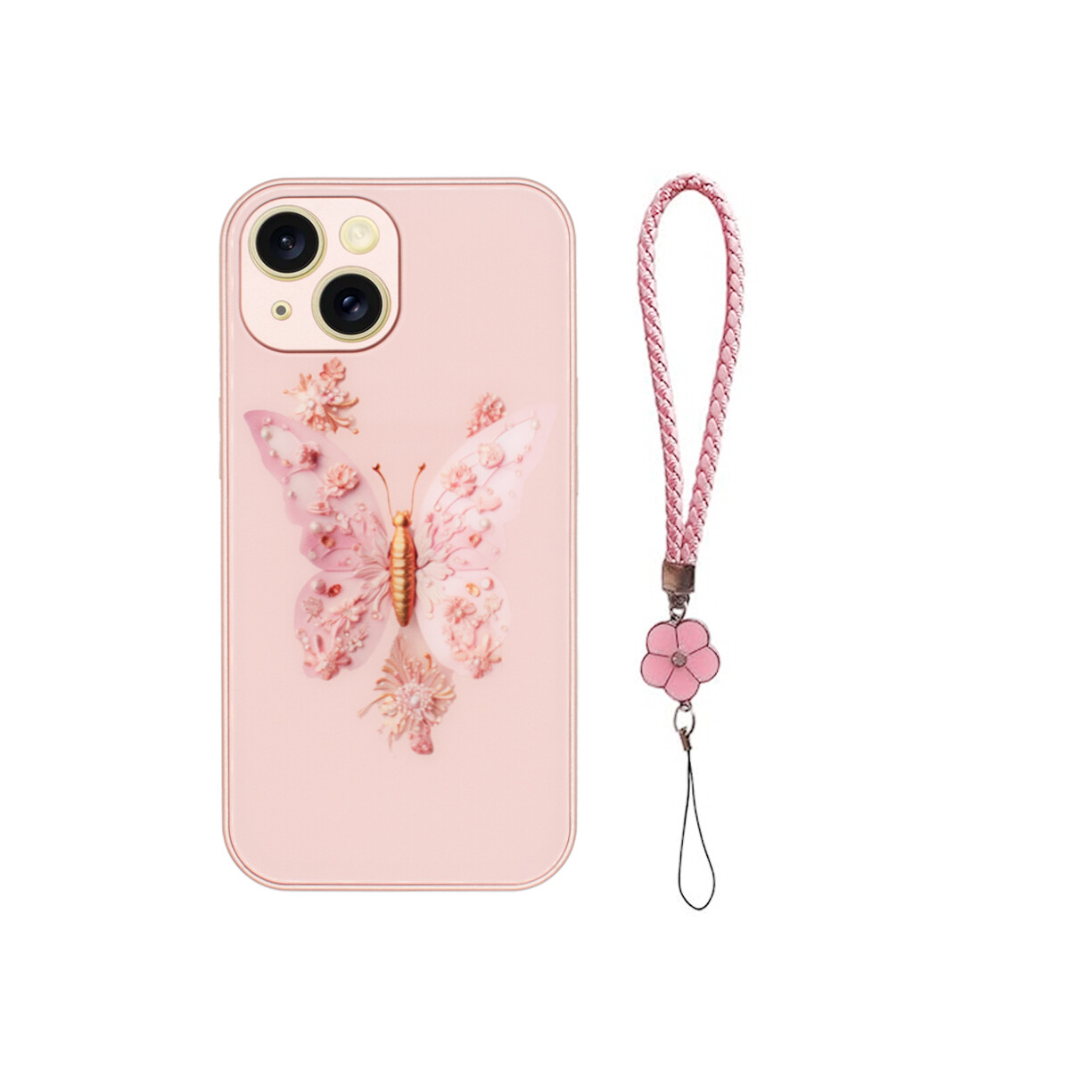 Protector rígido iPhone 15 Plus diseño mariposa rosa con correa 